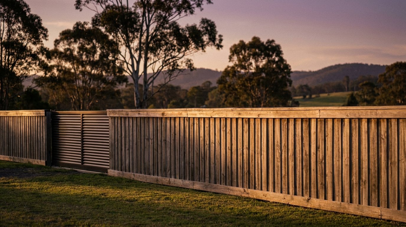 A timber gate in a paling fence at golden hour
