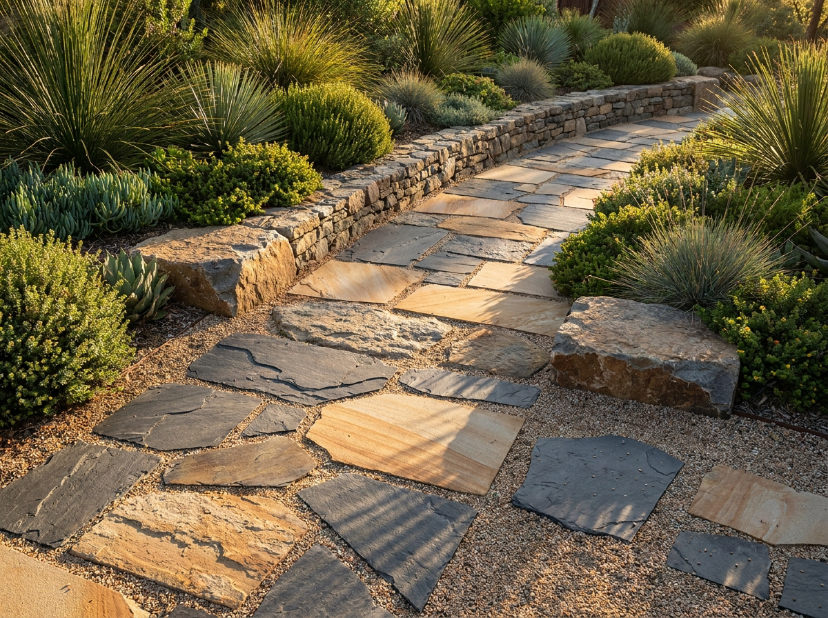 A stone garden path through native planting