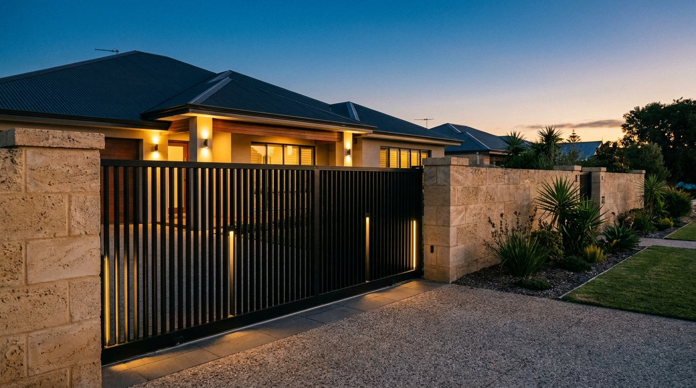 A timber slat gate at a rendered entry at dusk