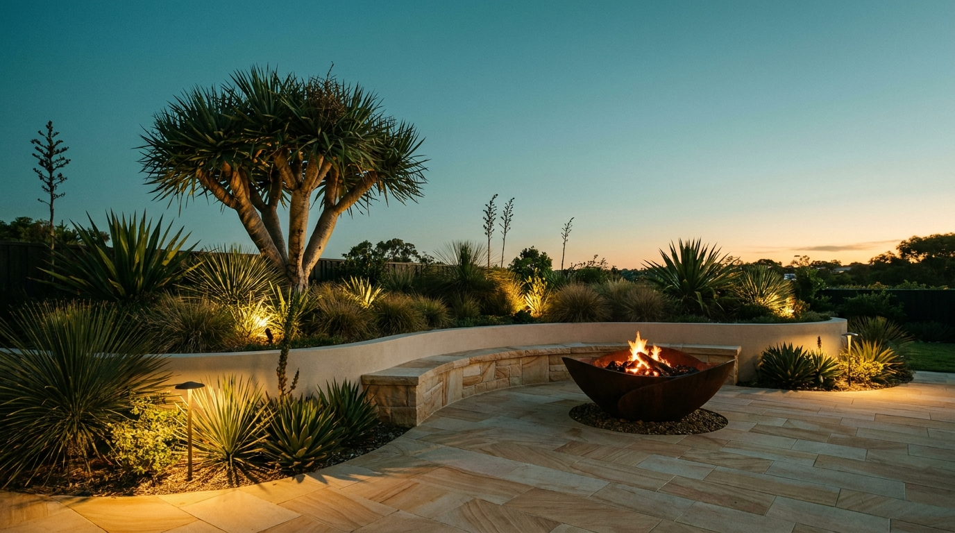 A landscaped garden with a stone seat and fire pit at dusk