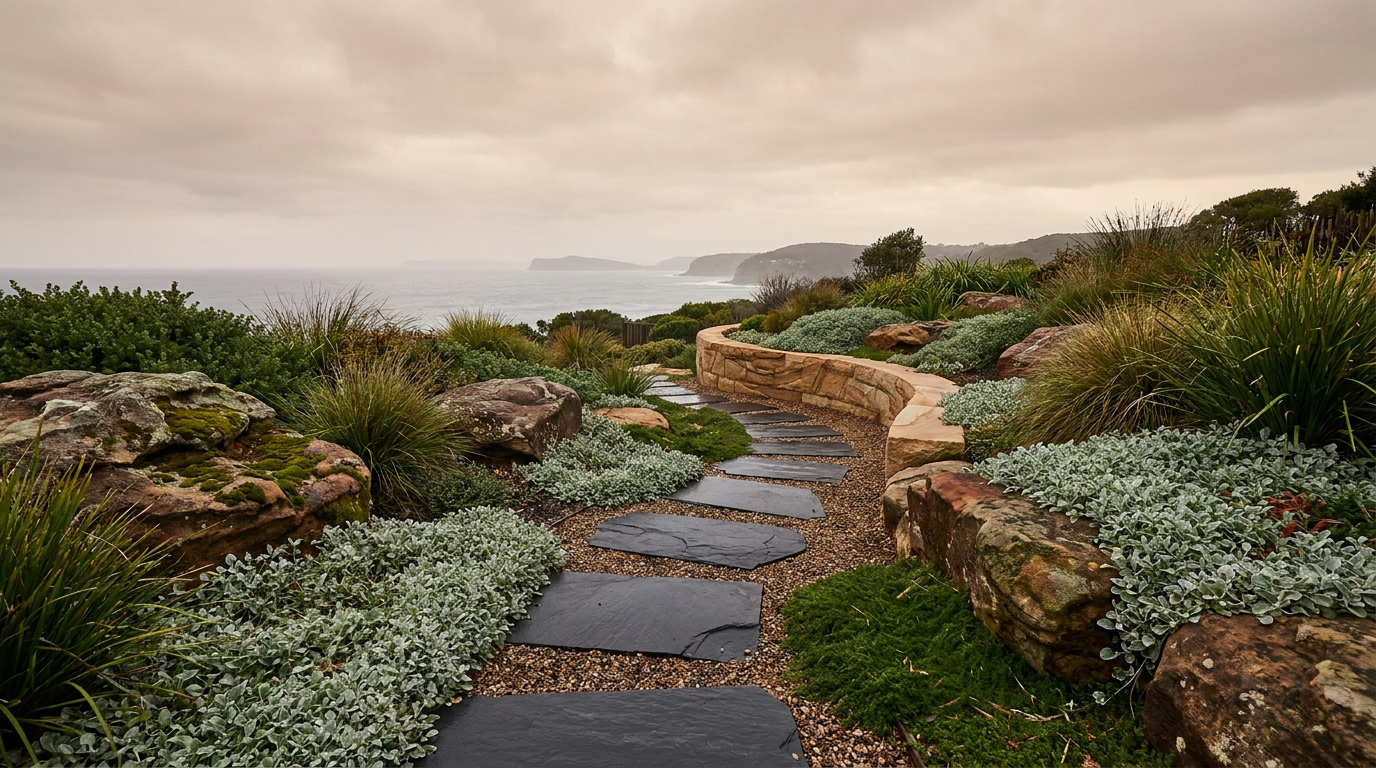 A landscaped coastal path with stone edges on the South Coast