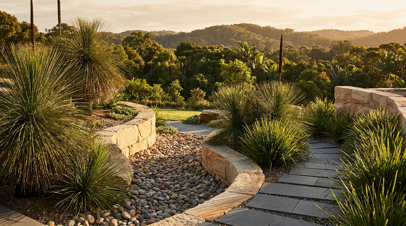 A landscaped garden path with stone retaining walls at golden hour