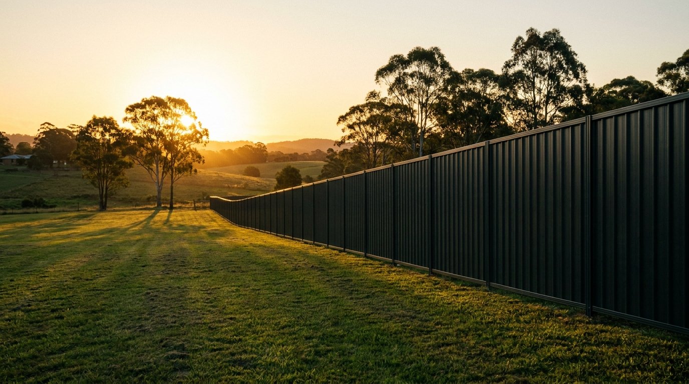 A fence line running towards trees at sunset