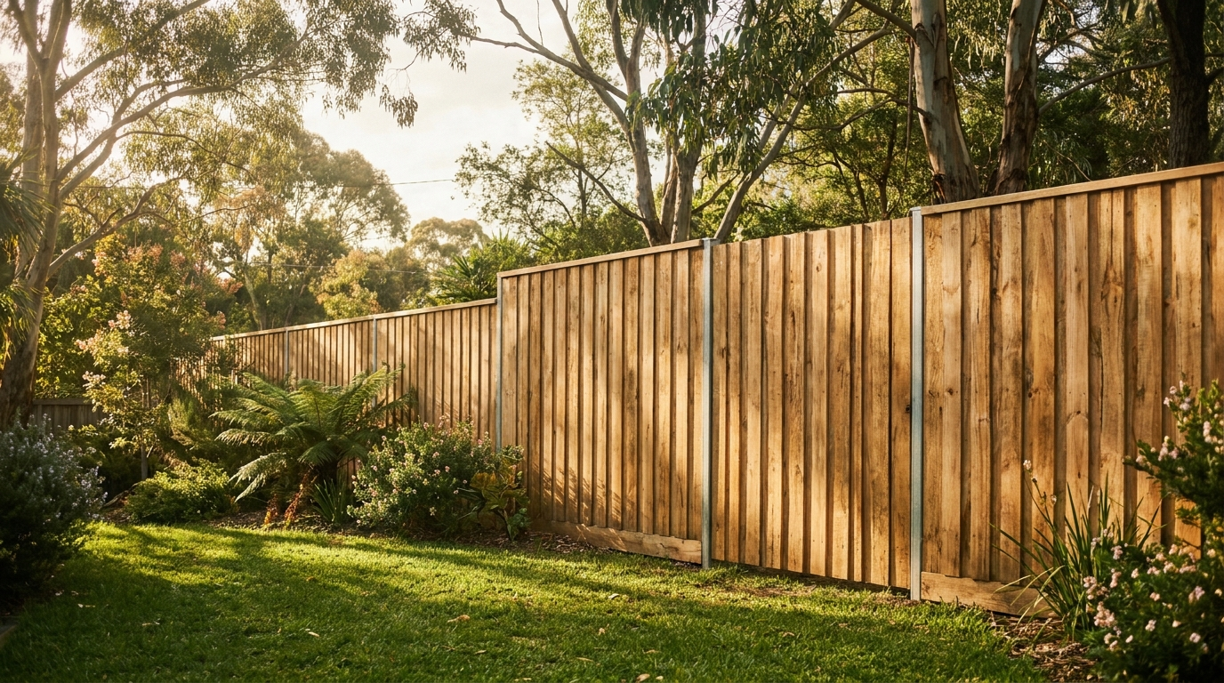 A timber paling fence in warm golden-hour light