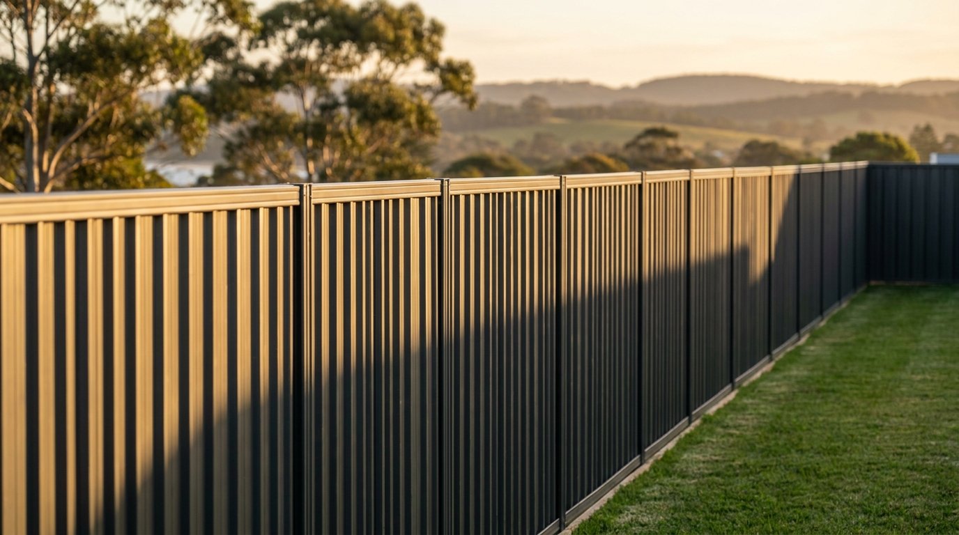 A dark Colorbond fence line at golden hour on a South Coast property