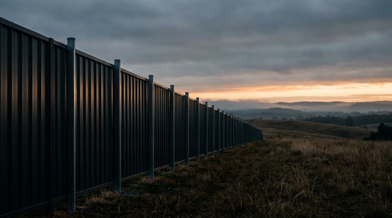 A dark Colorbond fence line under a moody dawn sky