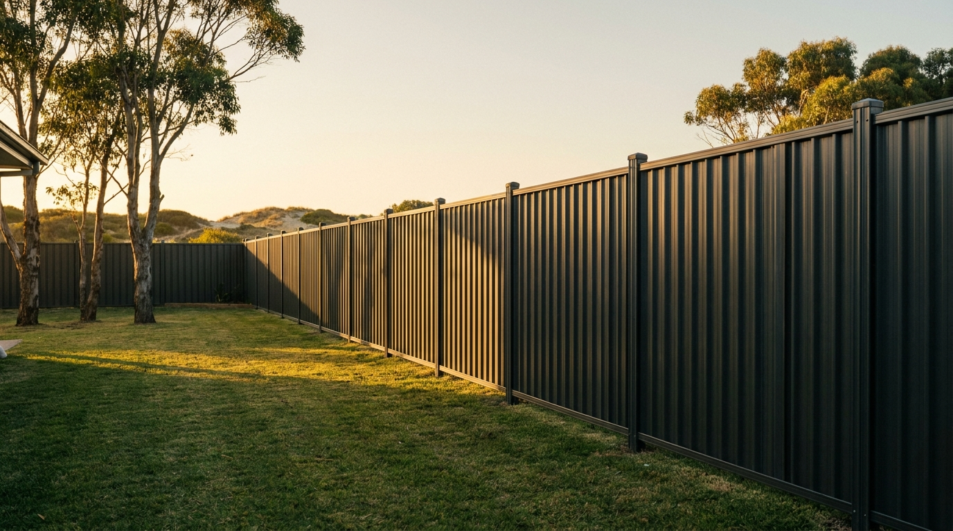 A new Colorbond fence line beside gum trees at golden hour