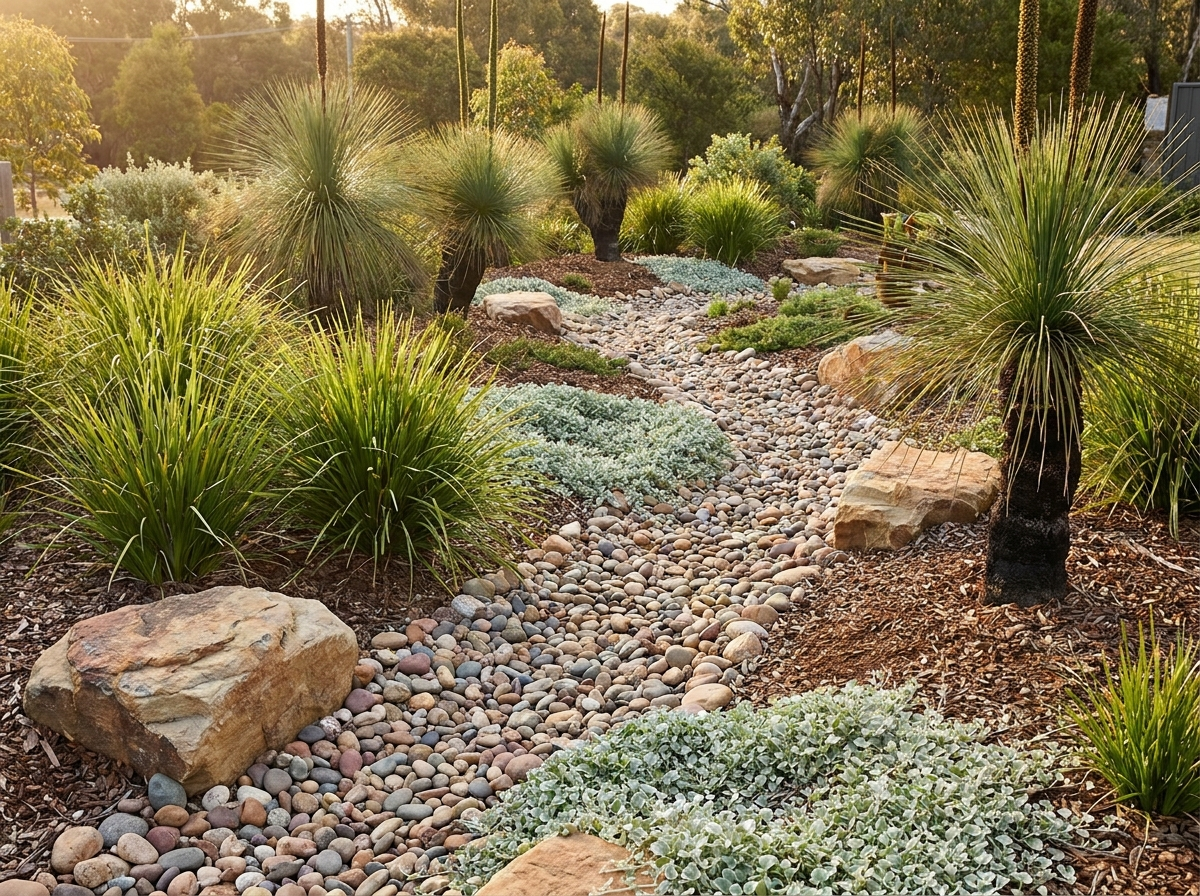 A landscaped native garden bed with rocks and fresh planting