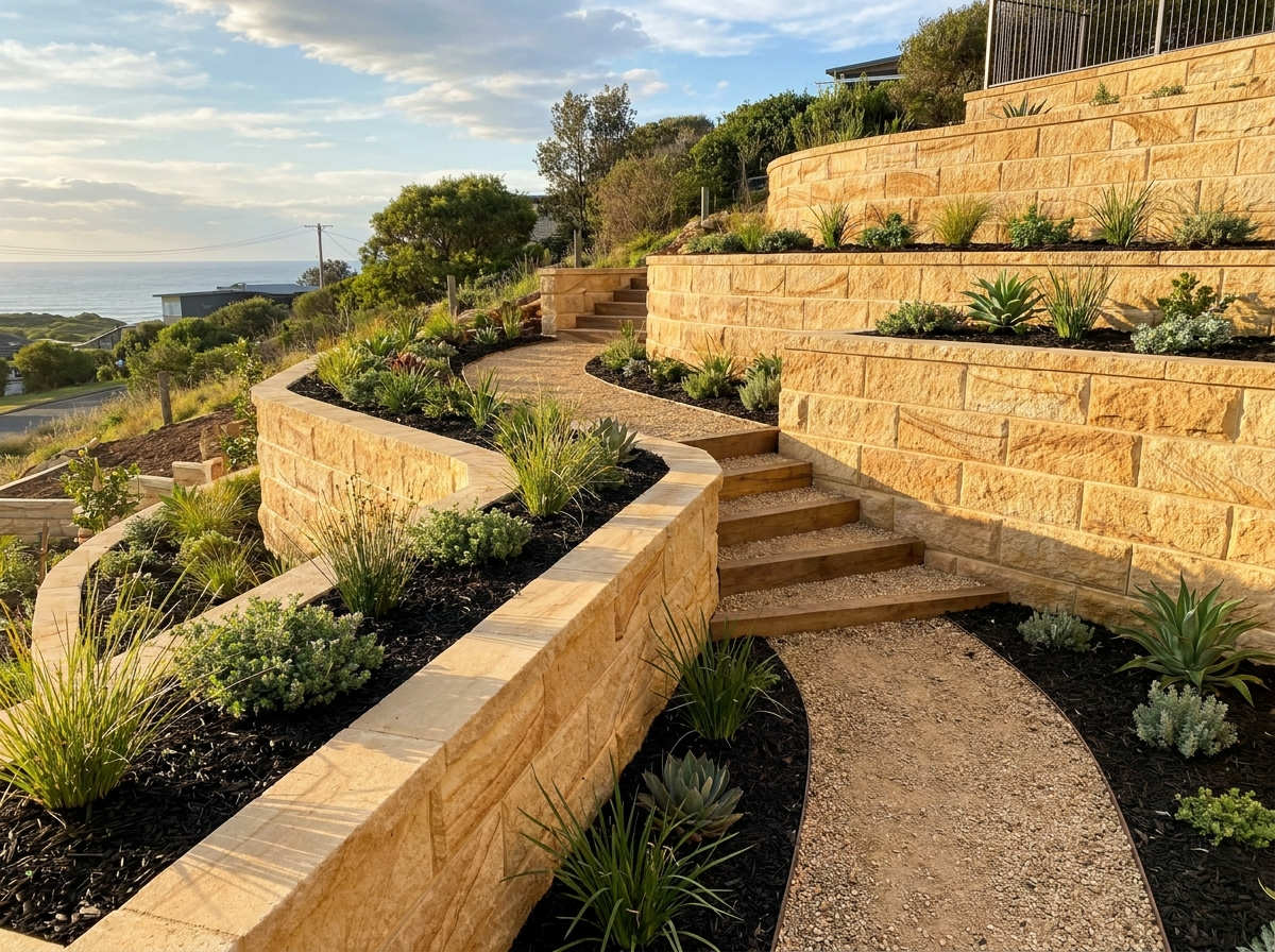 A terraced timber retaining wall with fresh garden beds